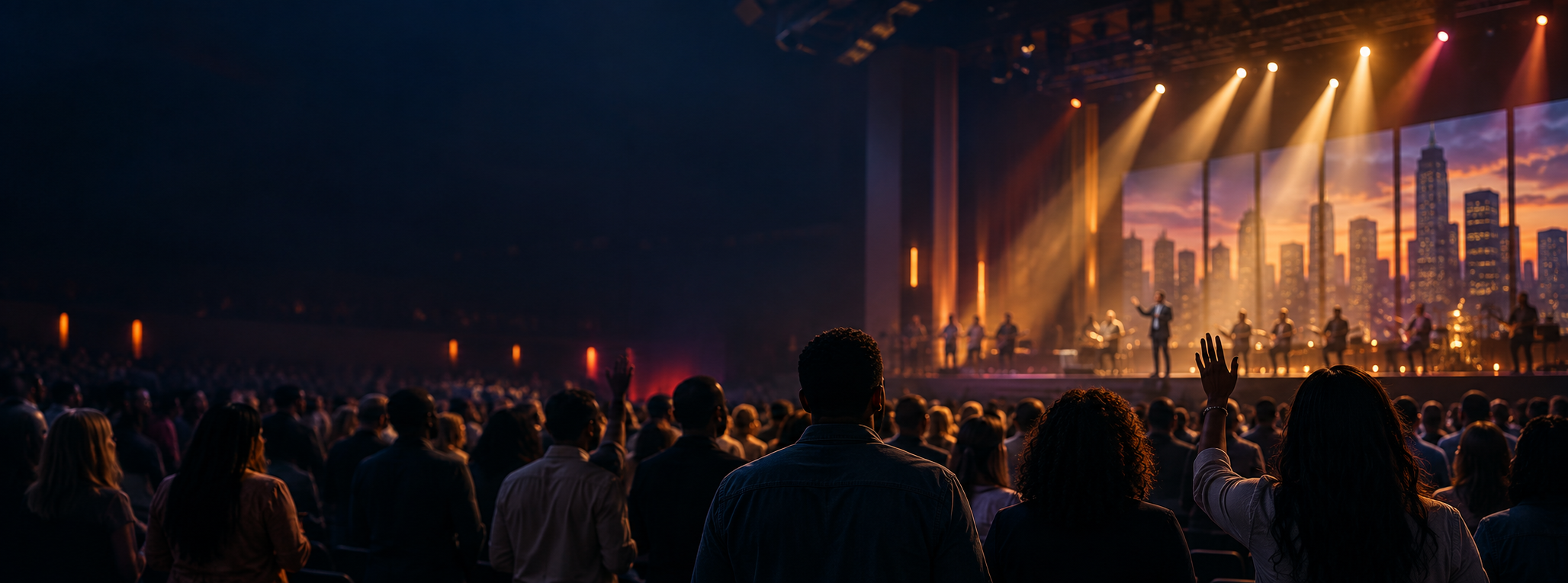 A diverse congregation gathered in a contemporary auditorium